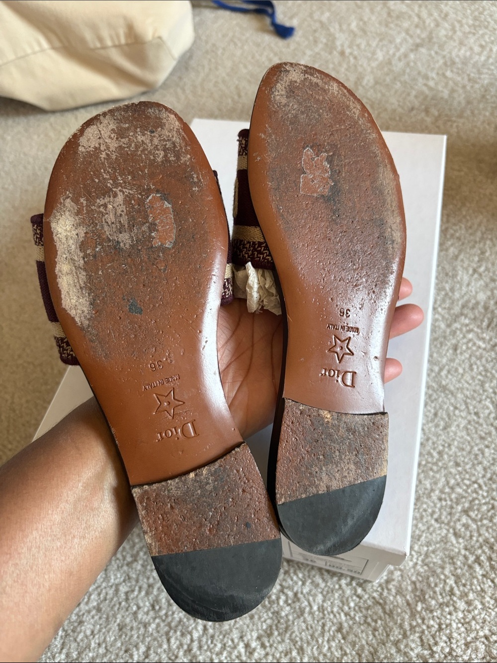 Dior Burgundy and Beige Logo Slide Sandals - Picture 3 of 3